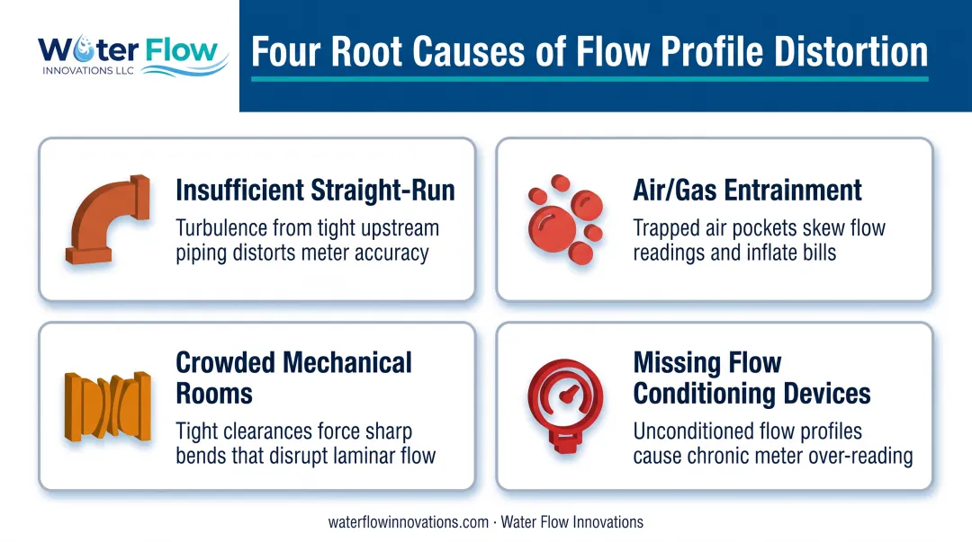 Four root causes of flow profile distortion in piping systems