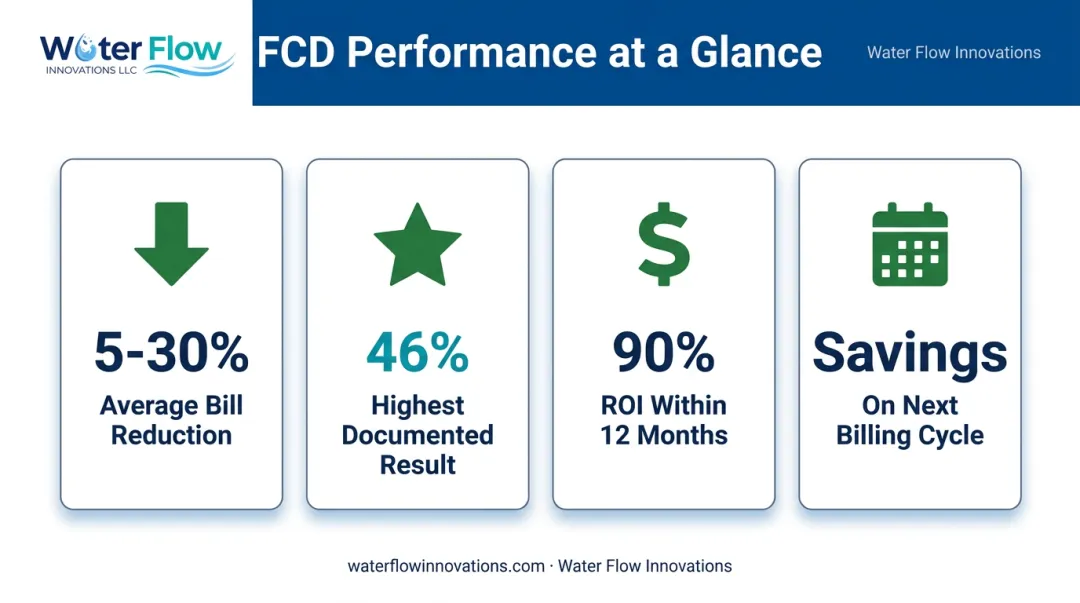Flow Conditioning Device results showing average bill reduction and ROI statistics