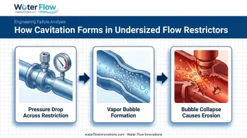 Cavitation process diagram showing pressure drop bubble collapse and valve erosion
