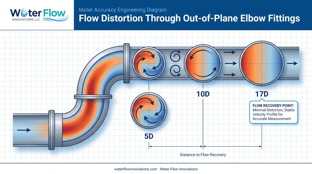 Double elbow pipe fitting showing swirl and vortex formation