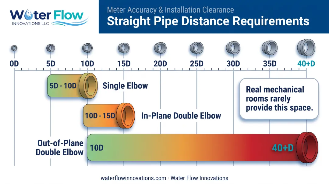Straight pipe diameter requirements comparison for elbow configurations