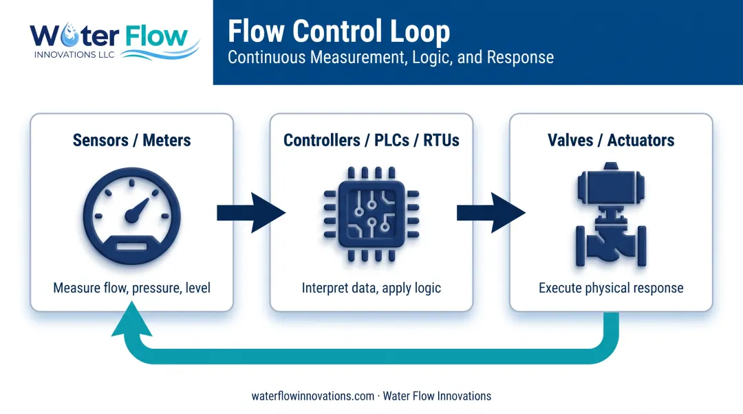 Three-part flow control system loop of sensors controllers actuators