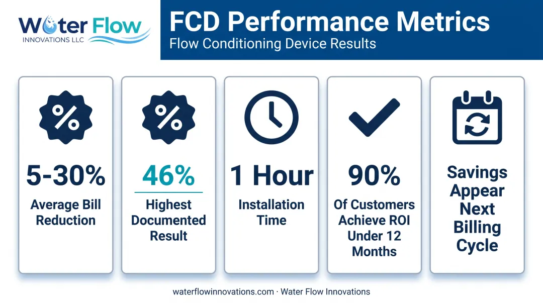 Water Flow Innovation FCD documented bill reduction results and ROI timeline