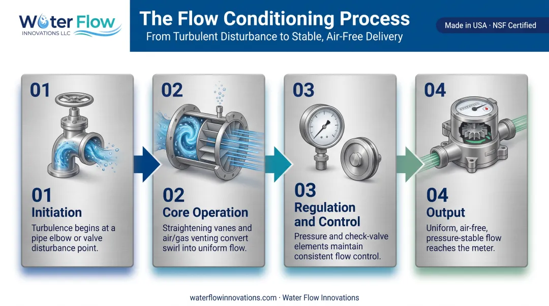 Four-stage water flow conditioning process from initiation to stable output