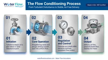 Four-stage water flow conditioning process from initiation to stable output