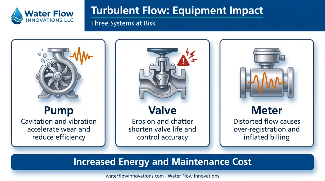Equipment damage caused by turbulent flow across pumps valves and meters