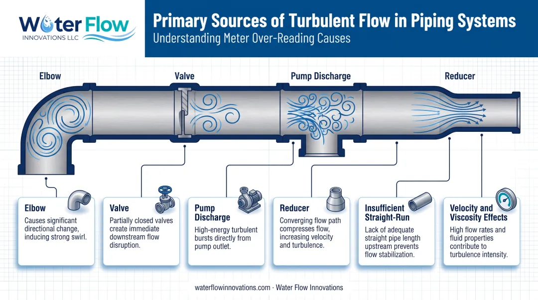Diagram showing common causes of turbulent flow in piping systems