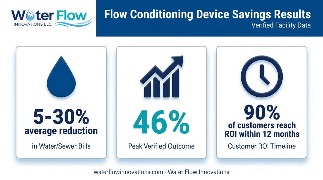 Documented water bill reduction results from flow conditioning device installations