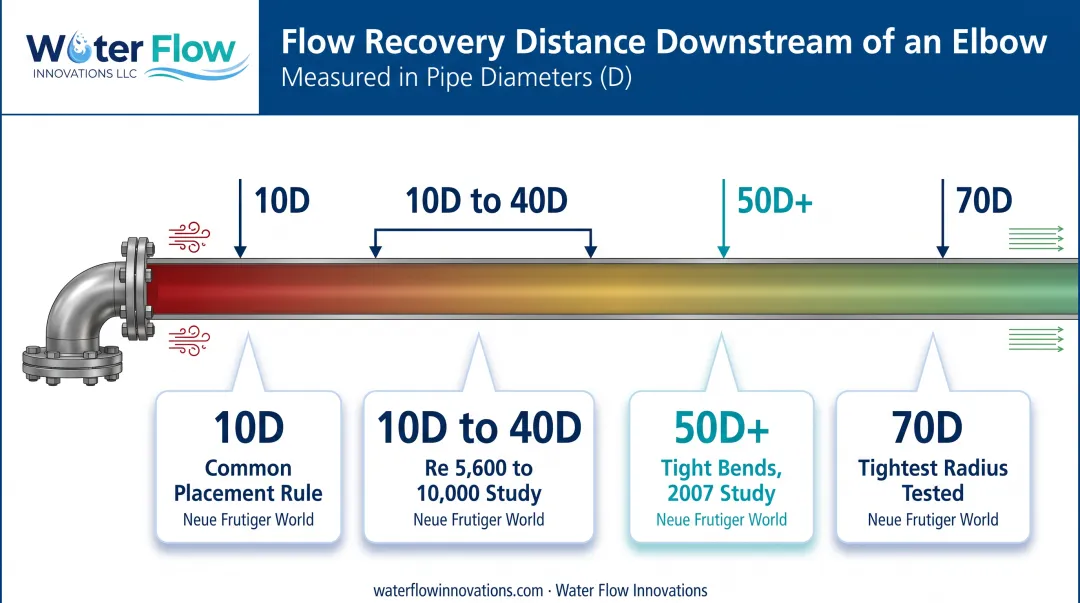 Pipe diameter recovery length chart after elbow disturbance by Reynolds number