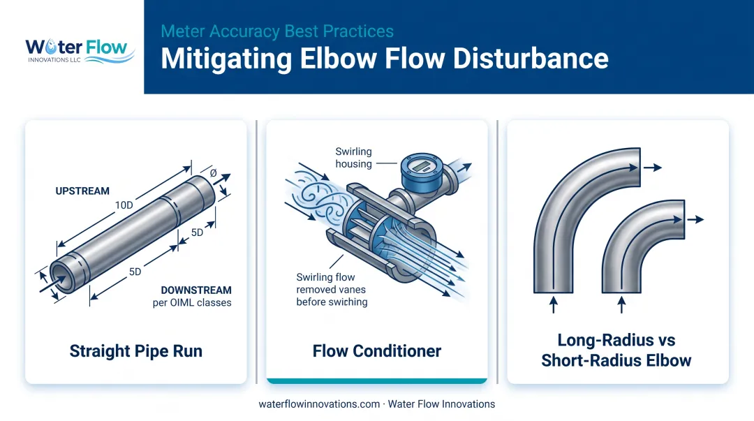 Three mitigation methods for elbow-induced pipe flow disturbance