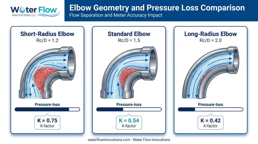 Elbow radius ratio comparison showing pressure loss and separation differences