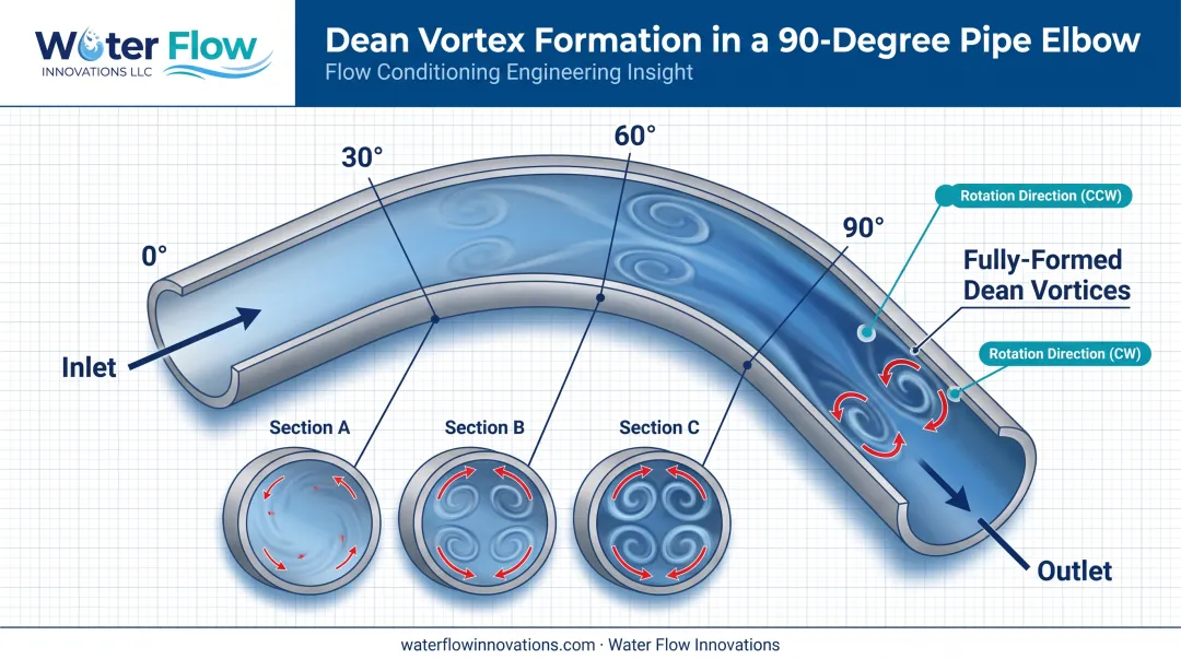Dean vortices formation diagram inside pipe elbow bend