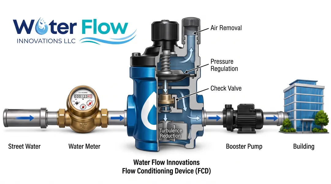 Flow Conditioning Device installed after master meter in mechanical room