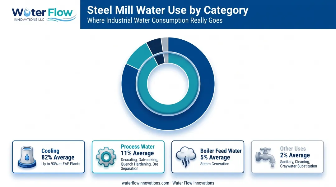 Steel mill water usage breakdown by cooling process and boiler systems