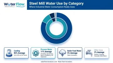 Steel mill water usage breakdown by cooling process and boiler systems