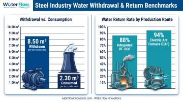 Steel mill water withdrawal versus consumption comparison by production route