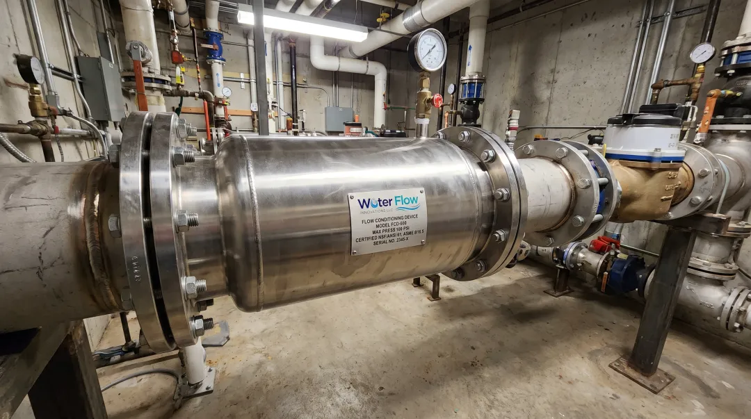 Flow Conditioning Device stainless steel unit installed on commercial water pipe