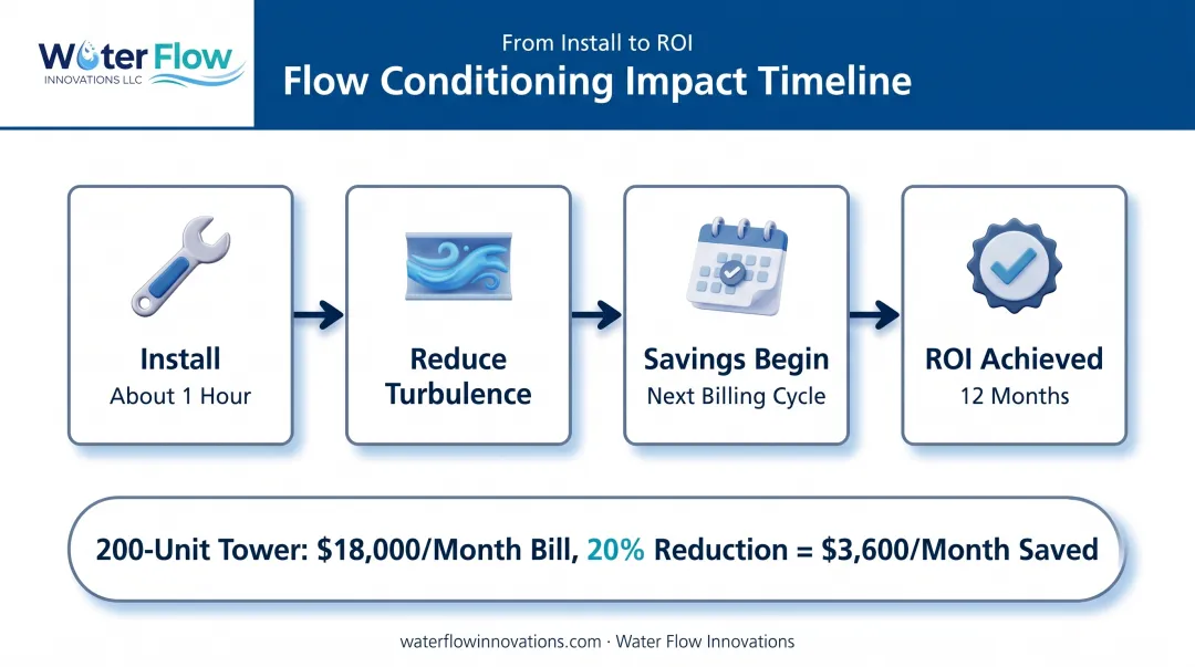 Flow conditioning device installation results and savings timeline infographic