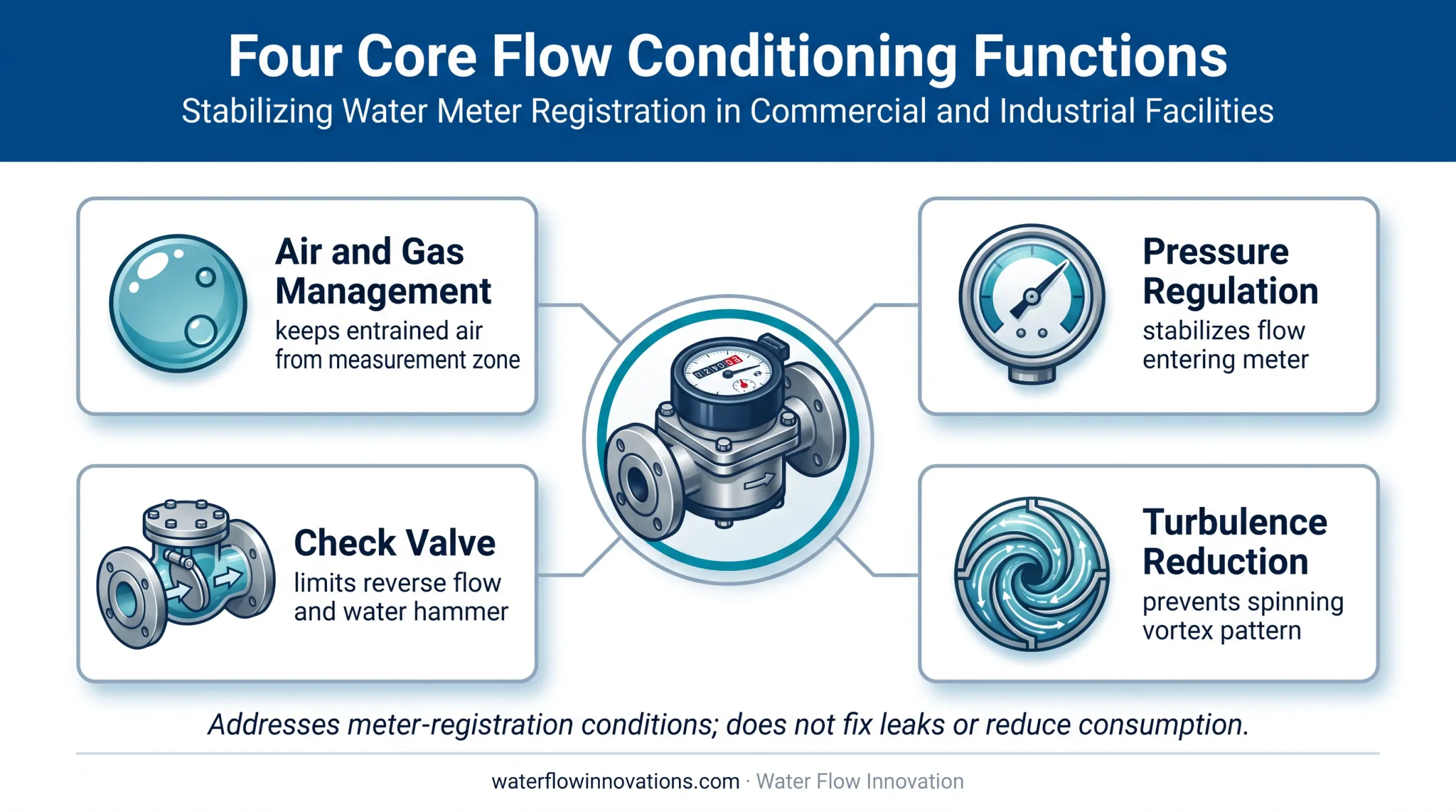 Four flow conditioning functions stabilizing water meter registration