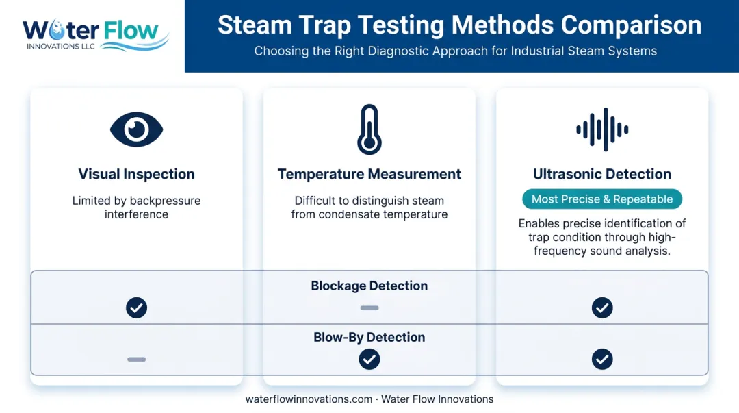 Visual, temperature, and ultrasonic steam trap testing methods comparison chart