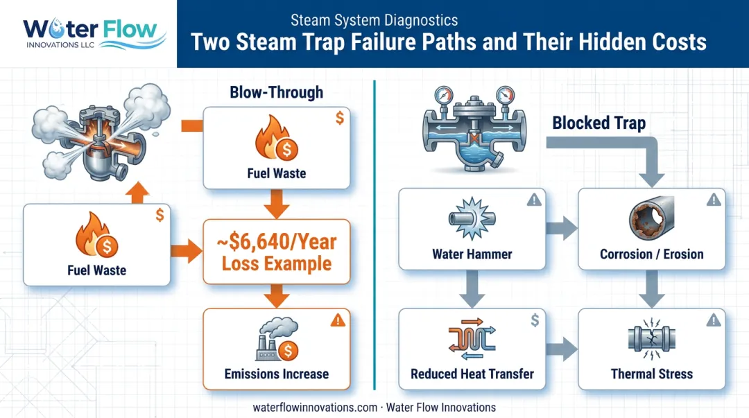 Steam trap failure costs comparing energy loss and equipment damage risks