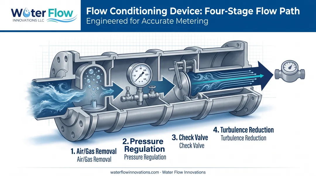 Flow Conditioning Device four-component system diagram for water meters