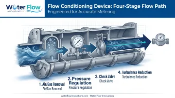 Flow Conditioning Device four-component system diagram for water meters