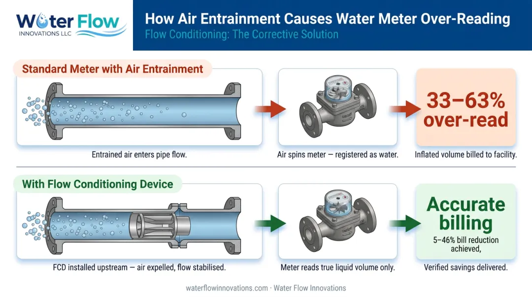 Water meter air entrainment over-reading process diagram showing phantom usage billing