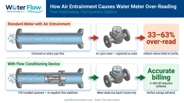 Water meter air entrainment over-reading process diagram showing phantom usage billing