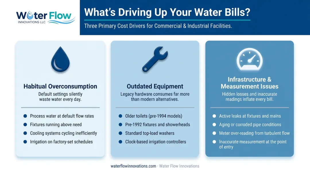 Three main water bill cost drivers comparison infographic habitual equipment infrastructure
