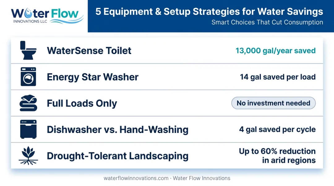 Five water-saving equipment upgrades with annual gallon and dollar savings data