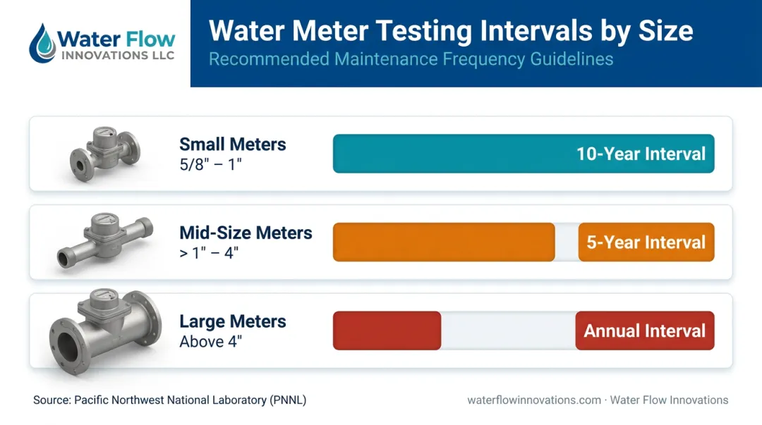 PNNL water meter testing frequency schedule by meter size infographic