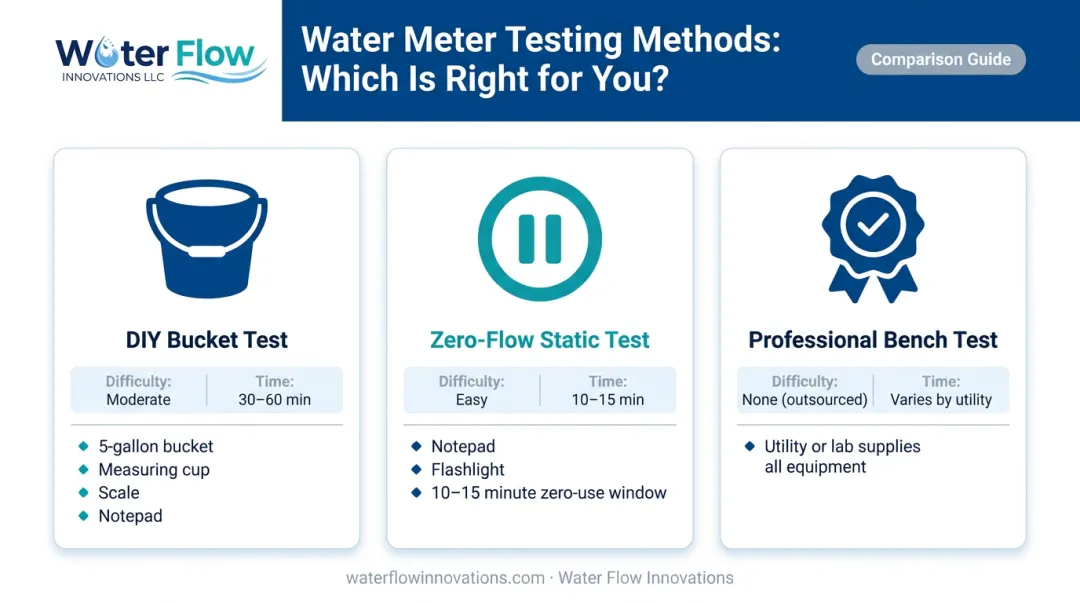 Three water meter accuracy testing methods comparison table infographic