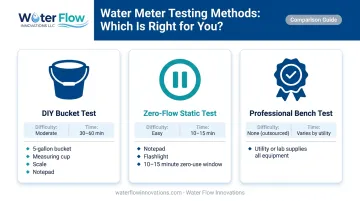 Three water meter accuracy testing methods comparison table infographic