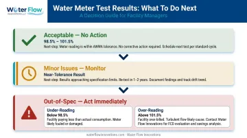 Water meter test results interpretation guide with three outcome tiers and actions