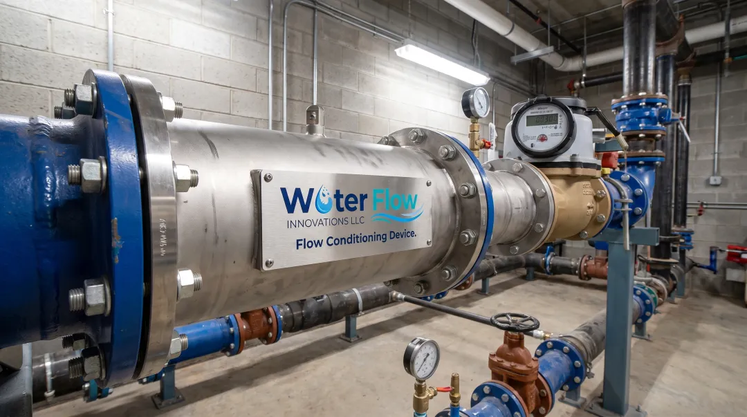 Flow Conditioning Device installed on commercial water meter piping system
