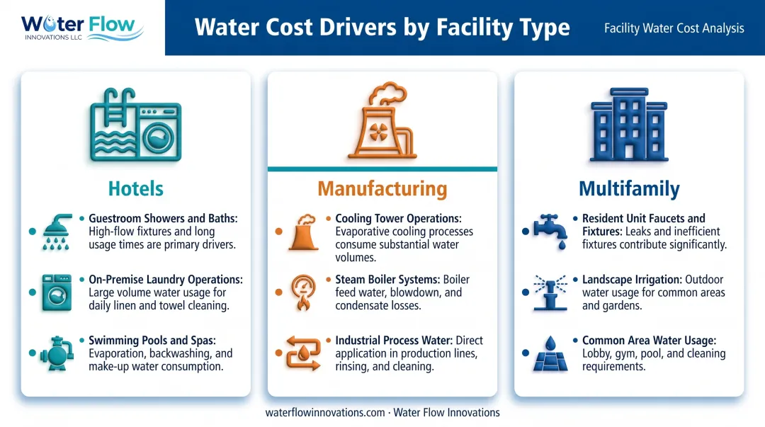 dominant water cost drivers comparison across hotel manufacturing and multifamily facilities