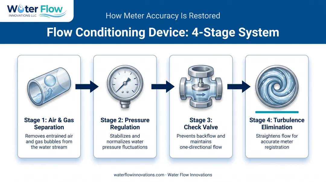 four-component flow conditioning device process removing air and turbulence from meters