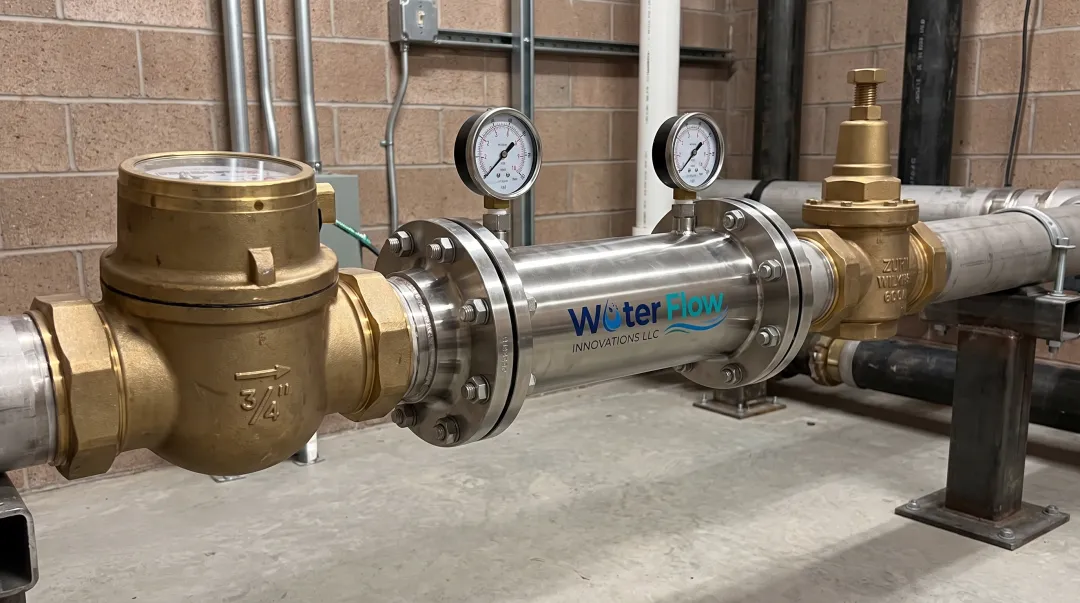 Flow Conditioning Device installed on stainless steel water pipeline