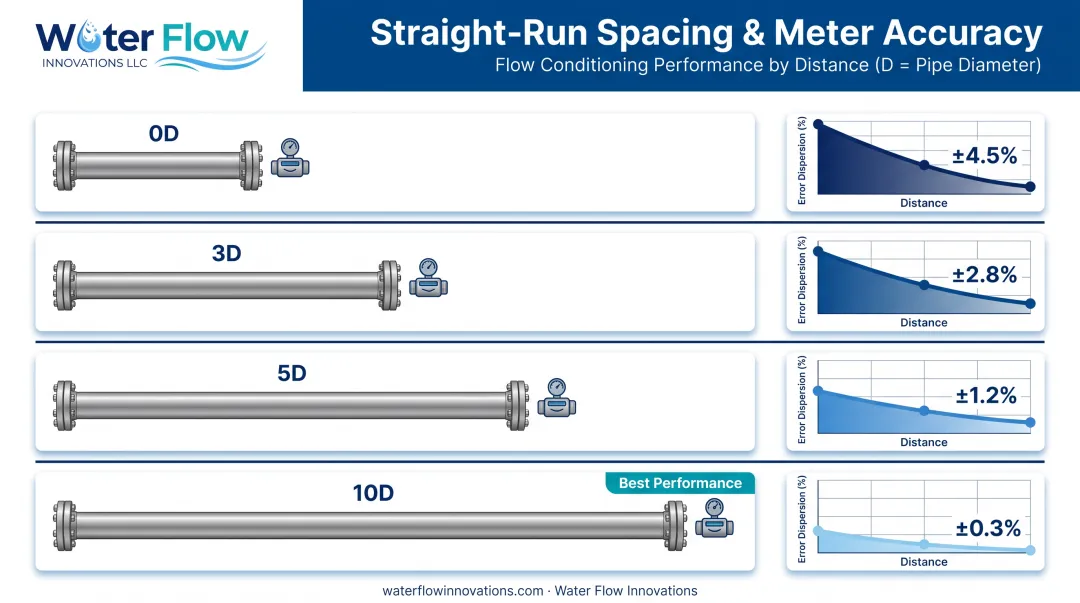 Straight-run pipe distance versus meter error dispersion comparison chart