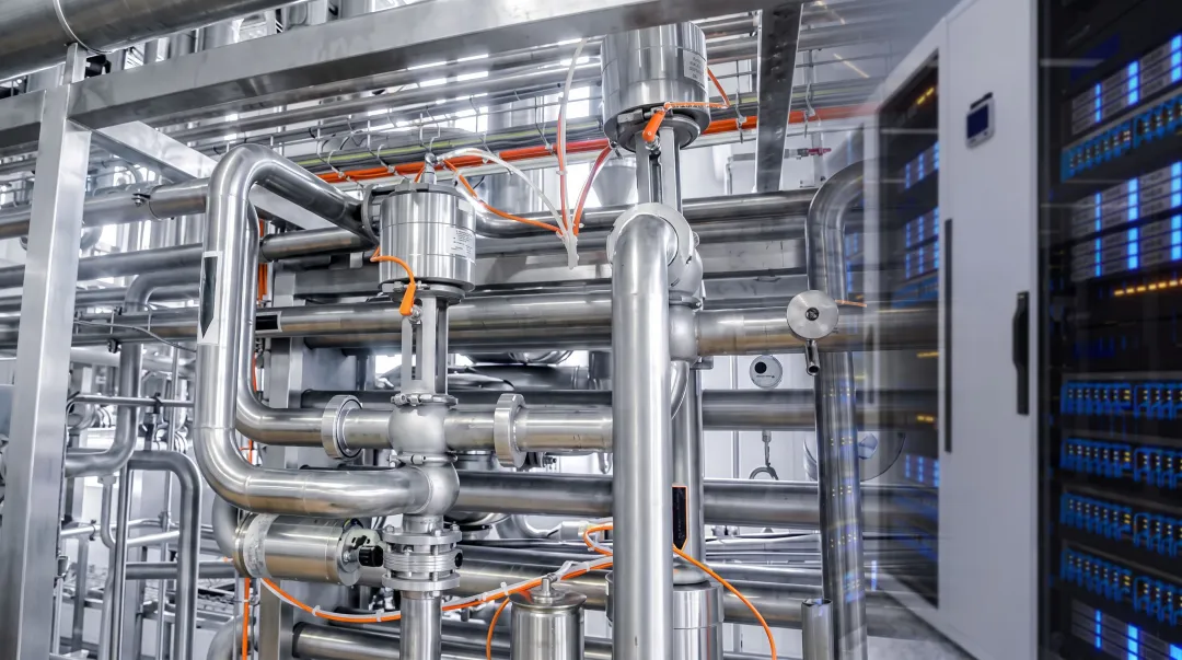 Data center cooling system water pipes and monitoring equipment