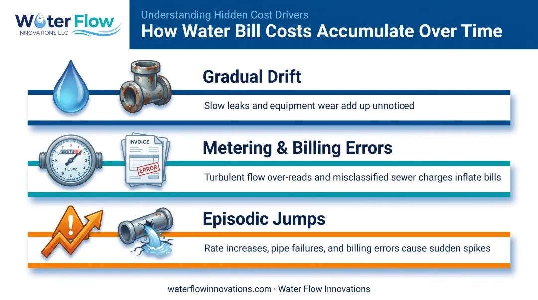 Three patterns of commercial water bill cost build-up infographic