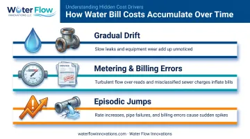 Three patterns of commercial water bill cost build-up infographic
