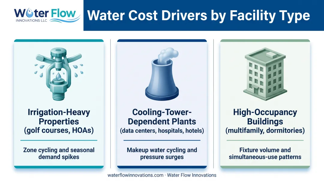 Facility type water cost driver patterns comparison infographic