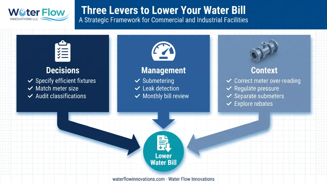Three-lever framework for reducing commercial water bill costs
