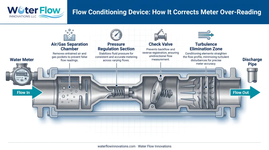 Flow conditioning device four-part system diagram for meter accuracy