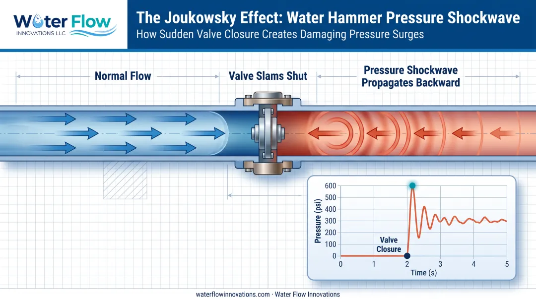 Water hammer shockwave formation from sudden valve closure diagram