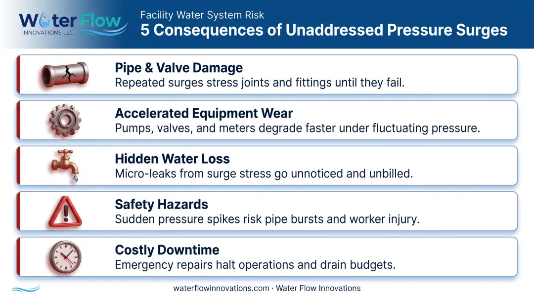 Consequences of ignored water pressure surges on pipes and equipment