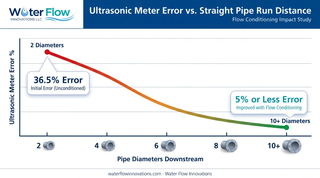 Meter error percentage versus pipe diameter distance downstream comparison chart