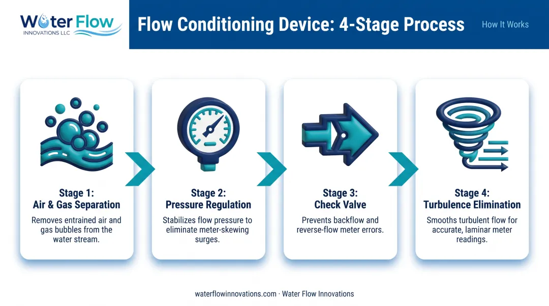 Four-stage flow conditioning device process from separation to turbulence elimination